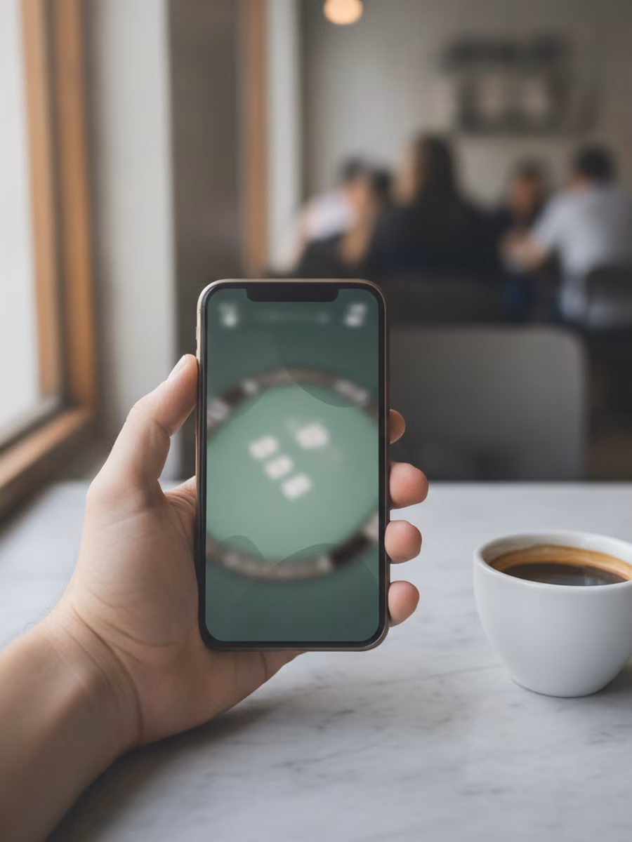 Main tenant un smartphone affichant une table de poker, dans un café lumineux