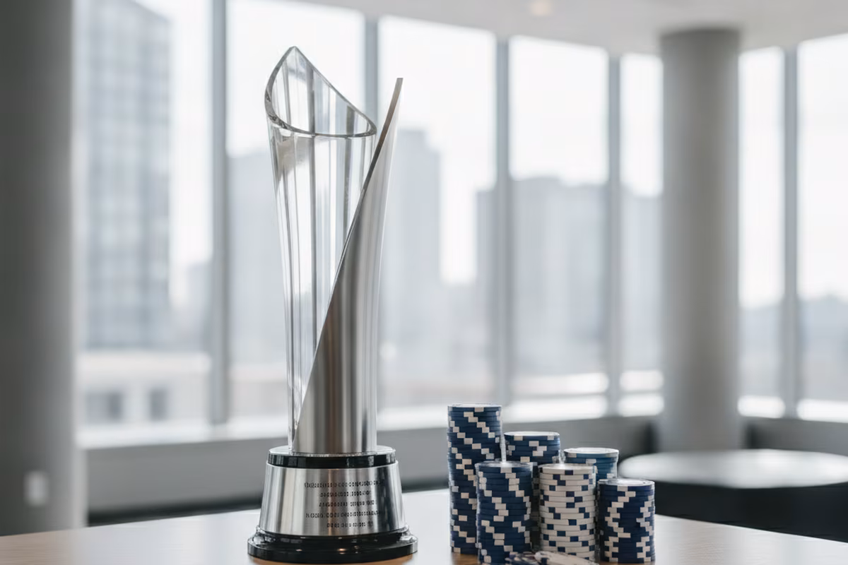 Trophée en verre posé sur une table claire à côté de piles de jetons